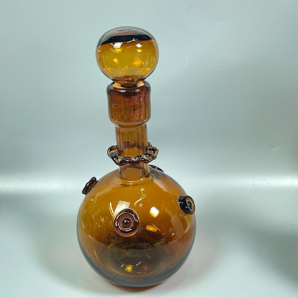 Vintage Amber Art Glass Decanter With Stopper Italian Bubble Handmade MCM 60's